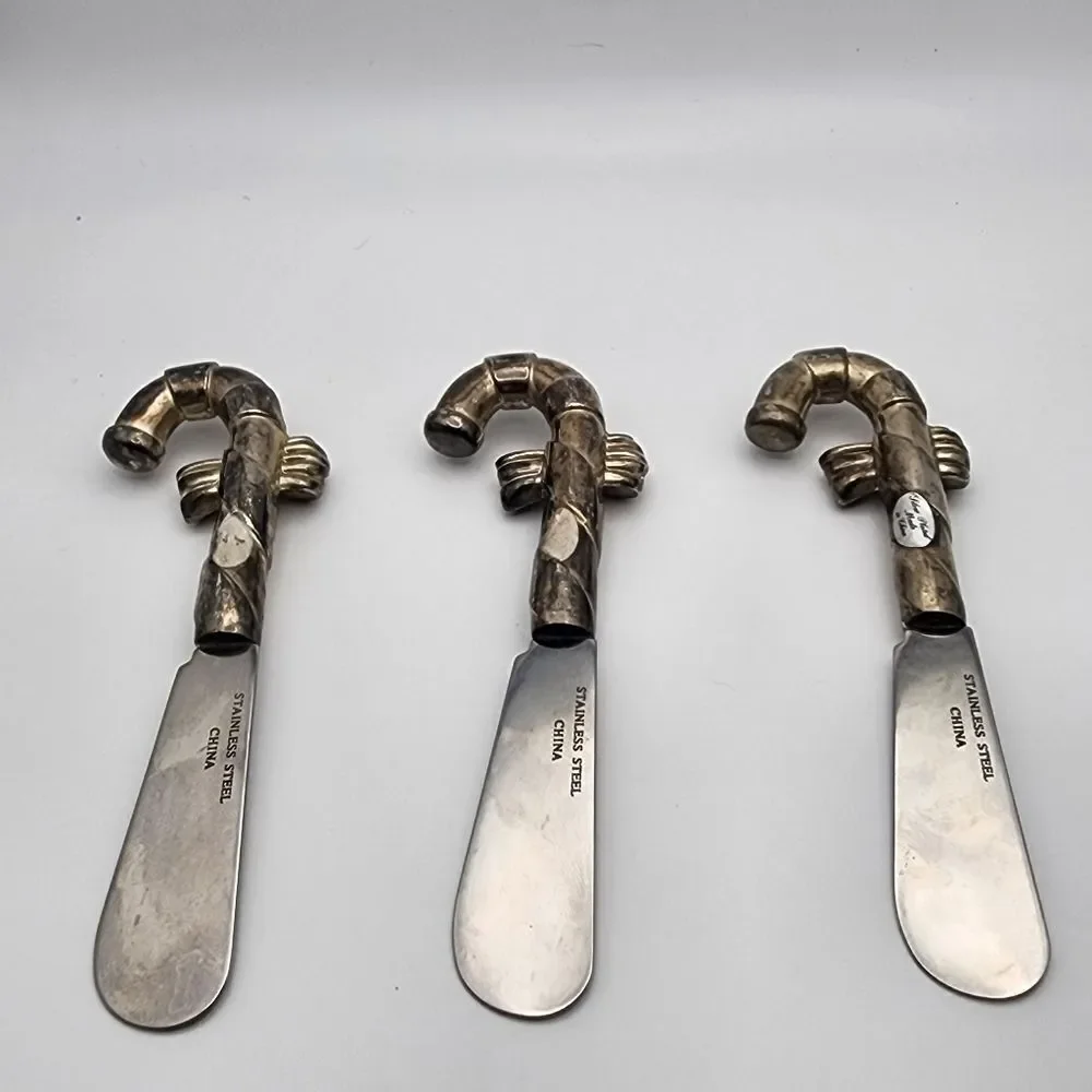 Stainless Steel & Silver Plated Set of 3 Candy Cane Condiment Spreaders